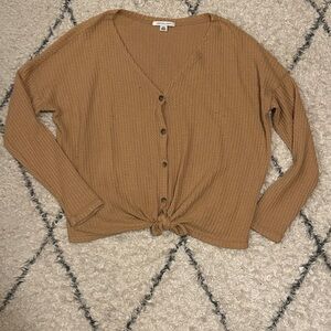 American Eagle Outfitters Camel Knit Sweater Button Up Tie Front Cropped Small